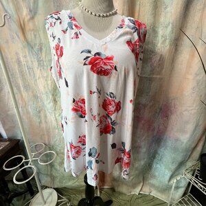 📌Beautiful Floral Red Roses Long Sleeveless V- Neckline Plus Size Top